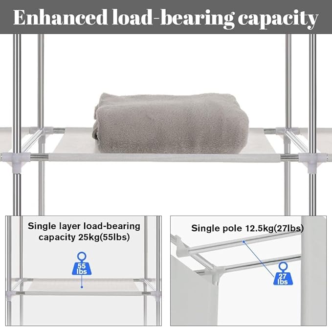 Clothes Organizer 3 Hanging Rod Shelf Portable Closet with Cover Clothes Rack Standing Closet Clothes Storage Wardrobe Garmen