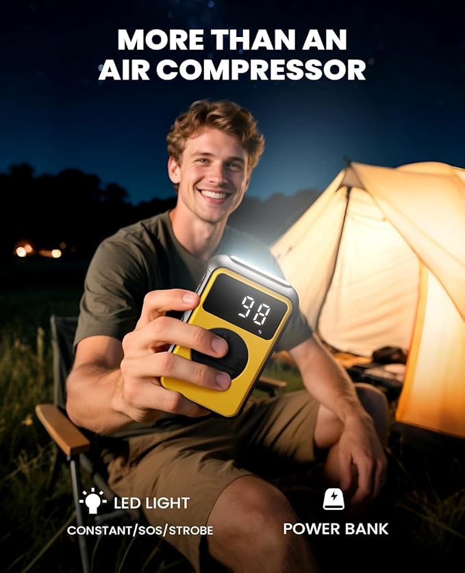 Tire Inflator Portable Air Compressor Cordless with Pressure Gauge and Auto Shut-Off Function, 2-in-1 Air Pump - 150 PSI for Car Bike Tires & 4.0 kPa for Air Mattresses and Inflatables