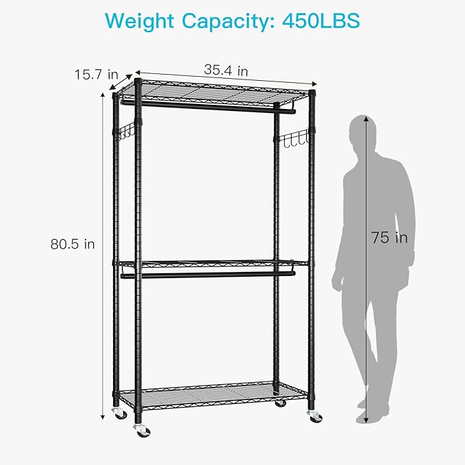 FUTASSI P1 Heavy Duty Garment Rack, 3 Tiers Adjustable Rolling Metal Closet Organizer with Lockable Wheels, FreeStanding Ward