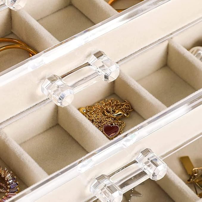 YUFONG Earring Organizer Box Acrylic Jewelry Organizer with 3 Drawers 54 Adjustable Grids Clear Stackable Earring Holder Velv