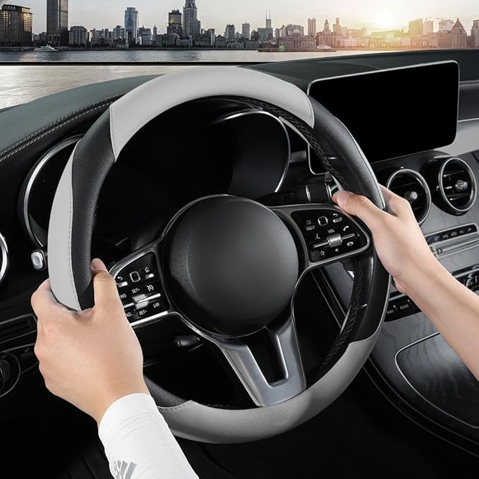 Car Steering Wheel Cover, Microfiber Leather Steering Wheel Cover Universal Fit 14.5-15 inch Anti-Slip Comfortable Breathable