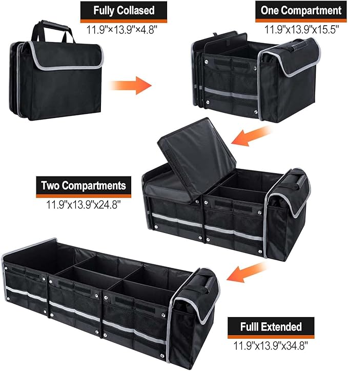 Car Trunk Organizer with Insulated Cooler Bag, Foldable Waterproof Storage Organizer with Lid for SUV, Truck, Sedan - 4 Large