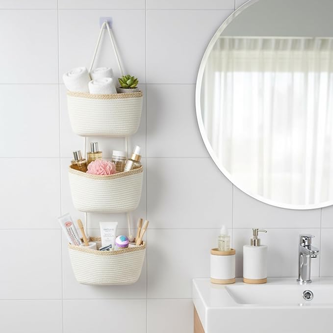 TeoKJ Over the Door Hanging Basket, 3-Tier Woven Cotton Wall-Mounted Storage Organizer Bag Decorative Hanging Nursery Baskets