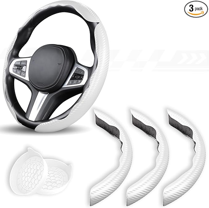 3 Piece Carbon Fiber Steering Wheel Cover,Car Steering Wheel Protector with Non-Slip Lining,Breathable Microfiber Universal for 14.5-15 inch,White