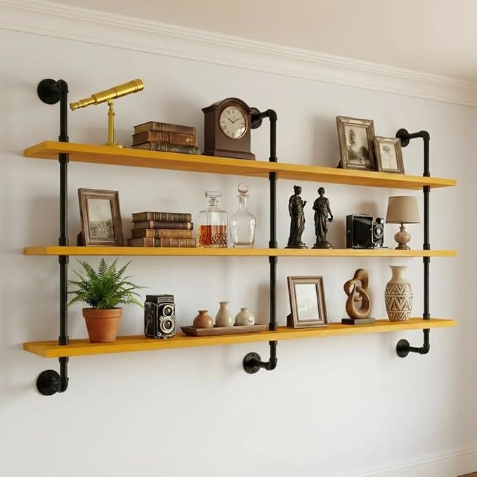 Industrial Pipe Wall Shelves - 60" Rustic Natural Oak Solid Wood, 9.85" Deep Floating Shelving for Farmhouse Rustic Decor, St