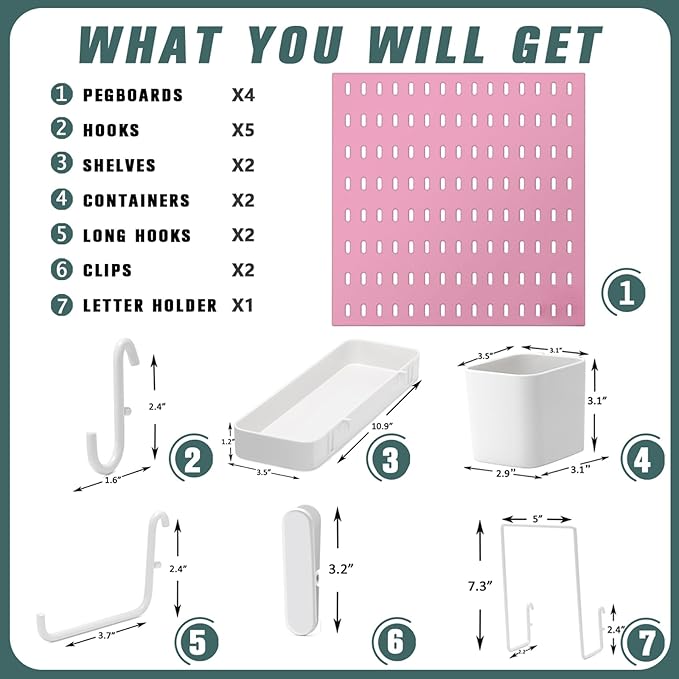 MULSAME Pegboard Combination Kit, Wall Mounted Storage Set with 4 Pegboards & 14 Accessories Hanging, Pink Peg Boards Organiz