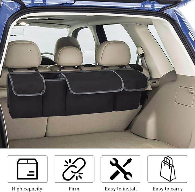 Car Trunk Organizer, Oxford Backseat Storage Bag with 4 Pockets, Waterproof Adjustable Large Capacity Hanging