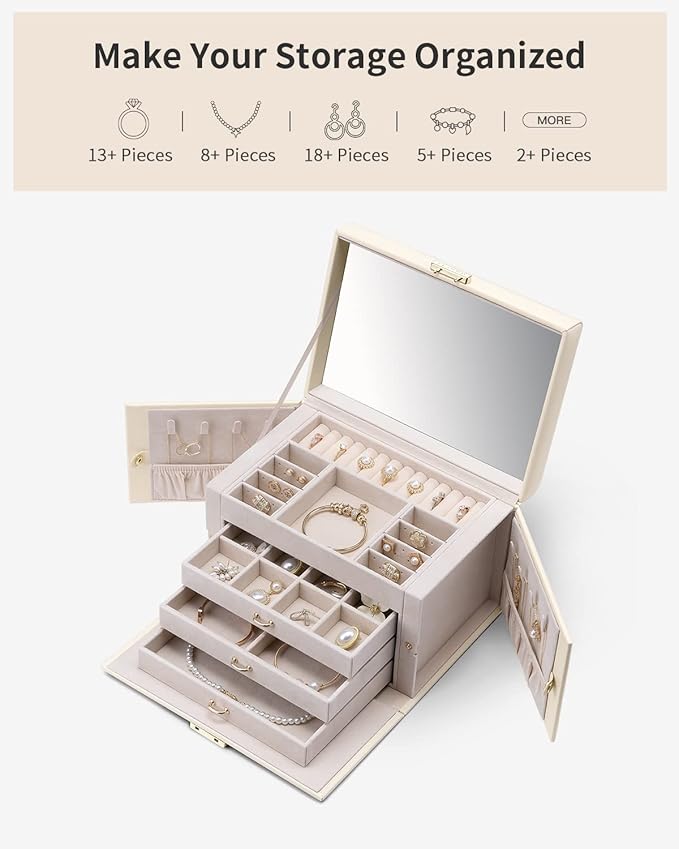 Vlando Jewelry Box for Mothers Day Teacher Appreciation Gifts, 4-Tier Jewelry Organizer with Lock, Mirror Jewelry Box for Ear