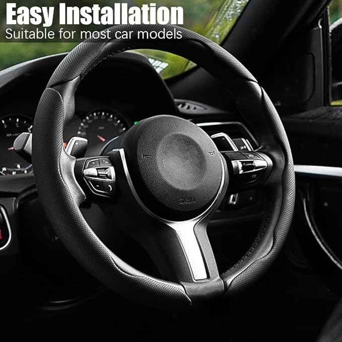Pincuttee Leather Steering Wheel Cover 3PC,Universal Steering Wheel Protector,Anti Slip Steering Wheel Wrap Cover,Car Interio