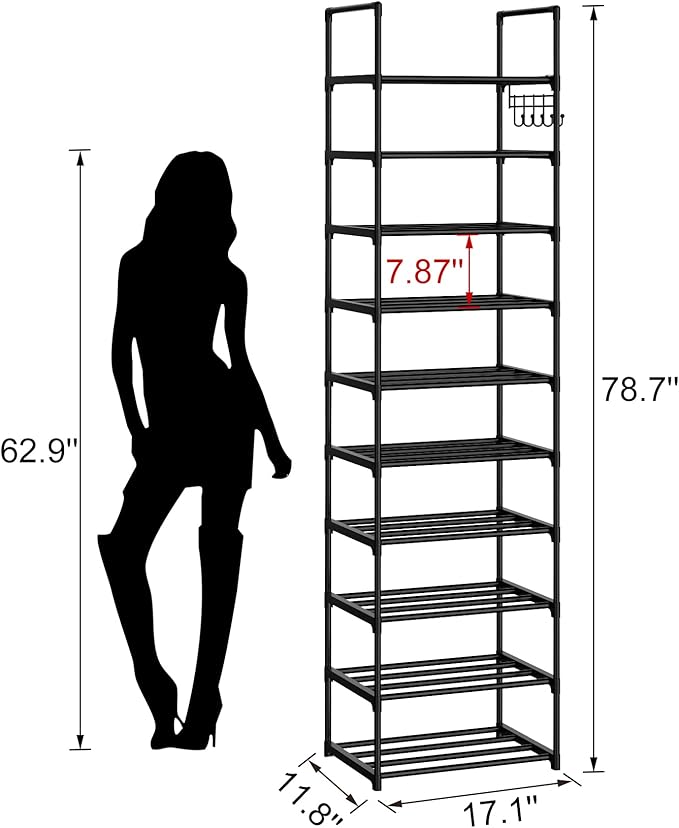 Narrow Shoe Rack 10 Tiers Tall Shoe Rack for Entryway 20 24 Pairs Shoe & Boots Organizer Storage Shelf Durable Black Metal St