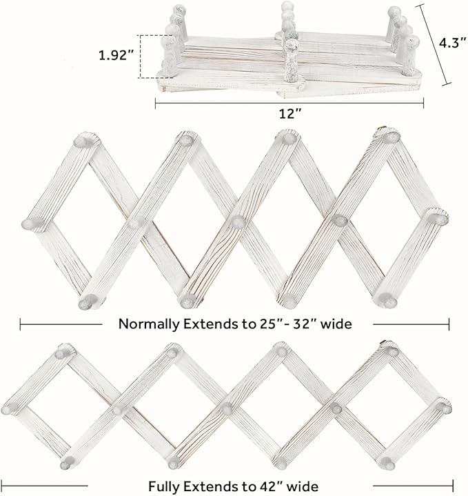 Homode Accordian Wall Hanger, Expandable Coat Rack Wall Mounted, Accordion Style Wood Hat Rack with 13 Peg Hooks for Hanging 