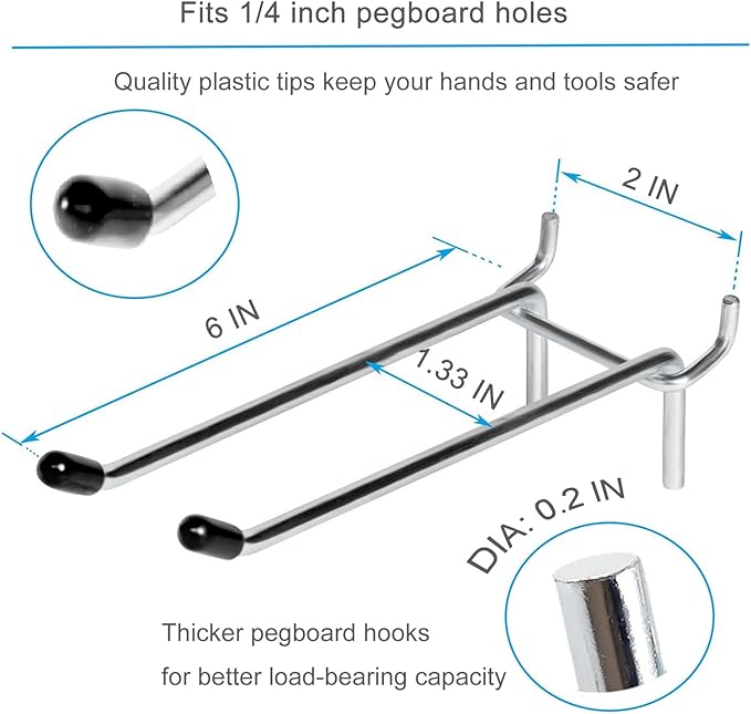 12 Pcs Peg Board Hooks, Pegboard Hooks 6 Inch, Pegboard Accessories Fit 1/4” Holes, Garage Peg Board Hook Organizers, Heavy D