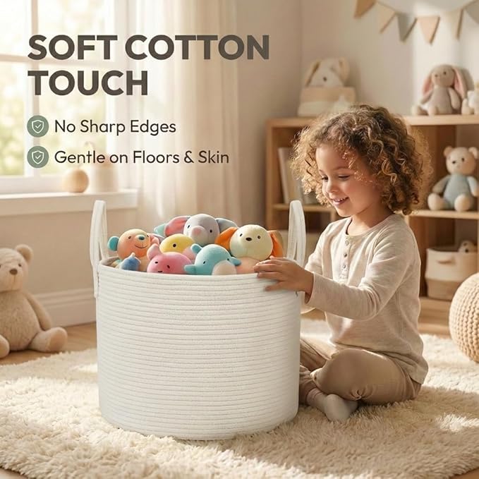 JMvicyroam 115L Extra Large Blanket Basket for Living Room - Woven Cotton Rope Laundry Hamper with Reinforced Handles - Stora