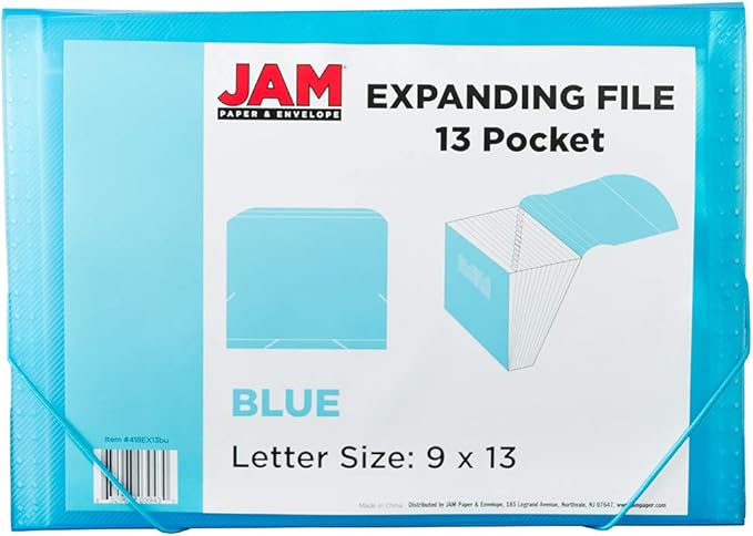 JAM PAPER Accordion Folders - 13 Pocket Plastic Expanding File - Letter Size - 9 x 13 - Blue Grid - Sold Individually