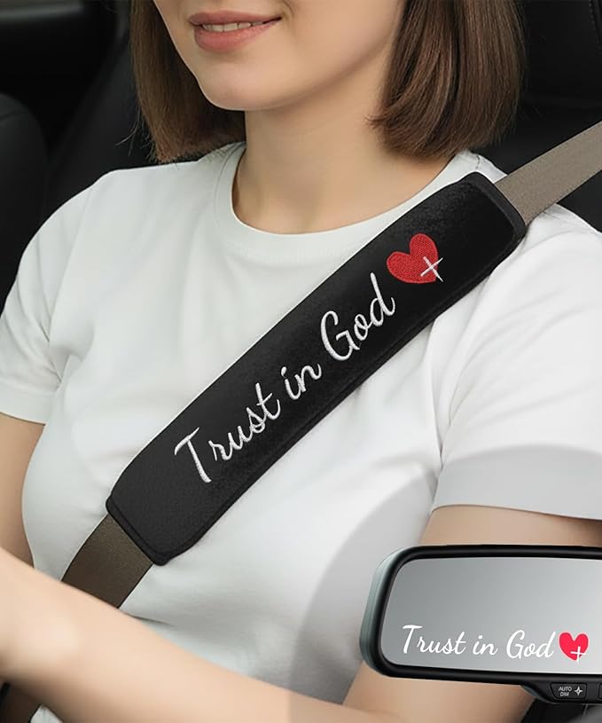 2 Pack Car Seat Belt Cover Pad with 3 PCS Trust in God Rearview Mirror Stickers,Soft Seatbelt Cushion Covers, Christian Car