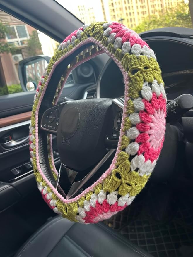 Crochet Sunflower Car Steering Wheel Covers Universal 14-15 inch for Women/Men (A,Steering Wheel Cover)