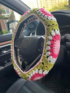 Crochet Sunflower Car Steering Wheel Covers Universal 14-15 inch for Women/Men (A,Steering Wheel Cover)