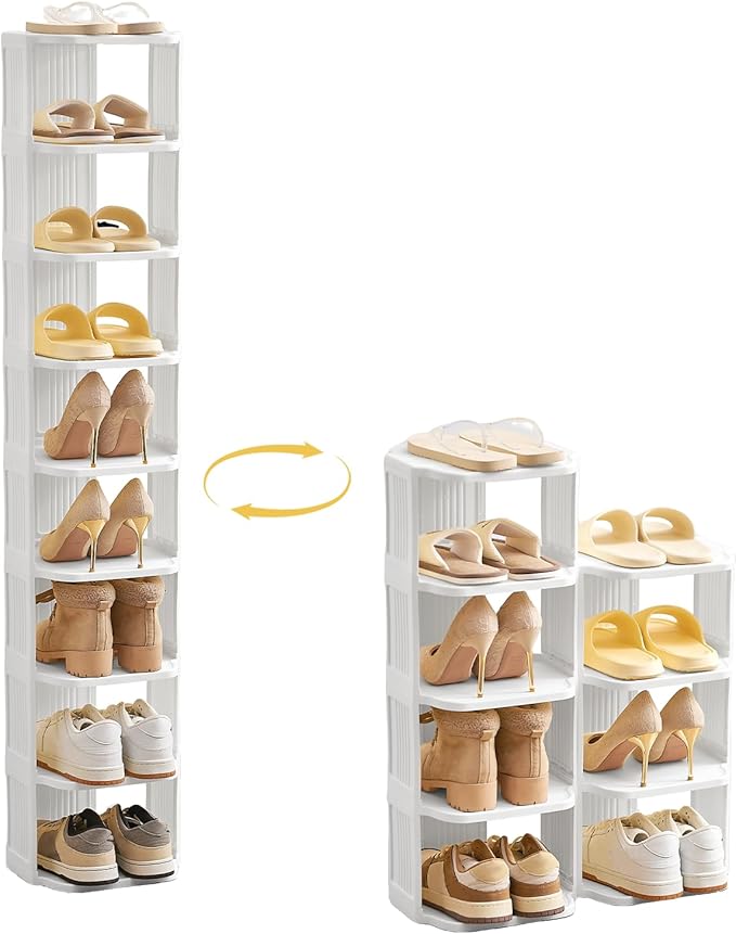 Vertical Shoe Rack, 9-Tier Plastic Stackable Storage Shelf for Small Closets and Narrow Spaces, Compact Free Standing Shoe Ra