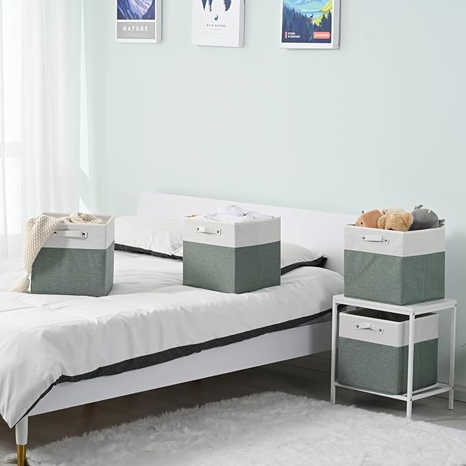 FinishingBo 13 x 13 Inch Fine Linen Storage Bins with Handles，Fabric Cube Boxs，Basket Organizers for Shelves for Home, Closet