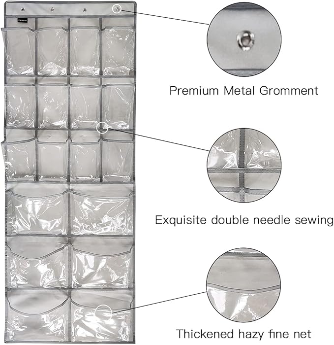 2 Pack Extra Large Hanging Crystal Clear Over Door Shoe Organizers, Closet Shoe Rack Organizer, 12+6 Pockets, 8 Hooks, Grey (