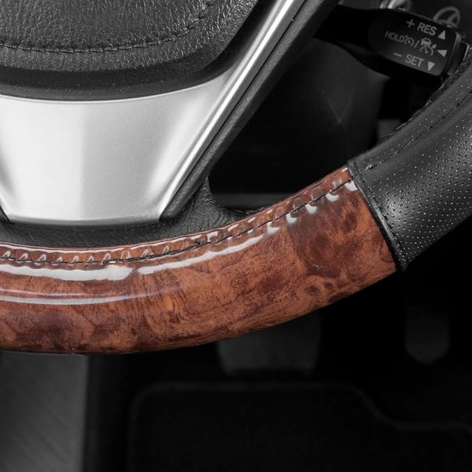 BDK Dark Wood Grain Steering Wheel Cover with Black Faux Leather Comfort Grip, Standard 15 inch Size, Car Steering Wheel Cove