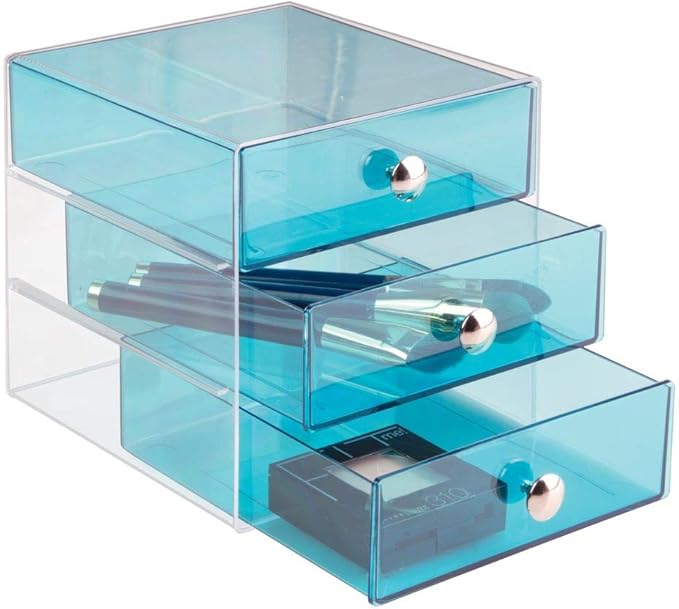 iDesign BPA-Free Plastic 3-Drawer Vanity Organizer - 6.5" x 6.5" x 6.5", Aqua