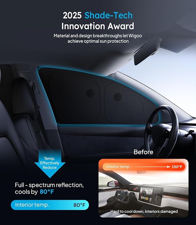 Wigoo 2026 Upgrade Tesla Model Y Juniper Side Window Sunshade [Ice-Crystal Cool, Suction No-Fall] Sun Block for Baby & Camping & Privacy Napping, 7PCS No Front Windshield for Model Y Juniper 2025-2026
