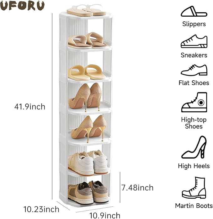 Small Shoe Rack, 7 Tier Plastic Vertical Shoe Rack for Small and Narrow Spaces, Free Standing Shoe Organizer for Closet, Entr