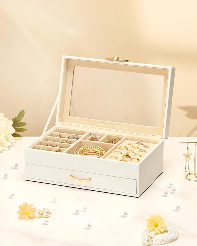 Enthralite Jewelry Box with 1 Drawers: Display Organizer for Earrings Necklaces - Christmas Gifts for Girls Women (White)