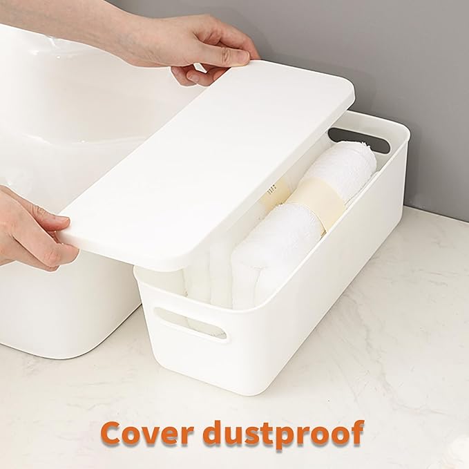 Yishyfier Plastic Storage Baskets With Lid Organizing Container Lidded Knit White Storage Organizer Bins for Shelves Drawers 