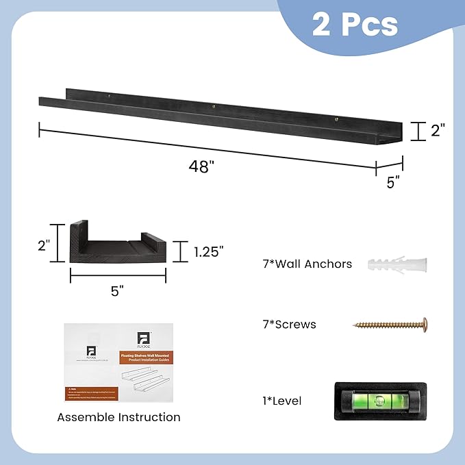 Picture Ledge Shelf for Wall, 48 inch Solid Pine Wood Nursery Book Shelves 2 Packs, Floating Ledge Shelves for Kids' Room Bed