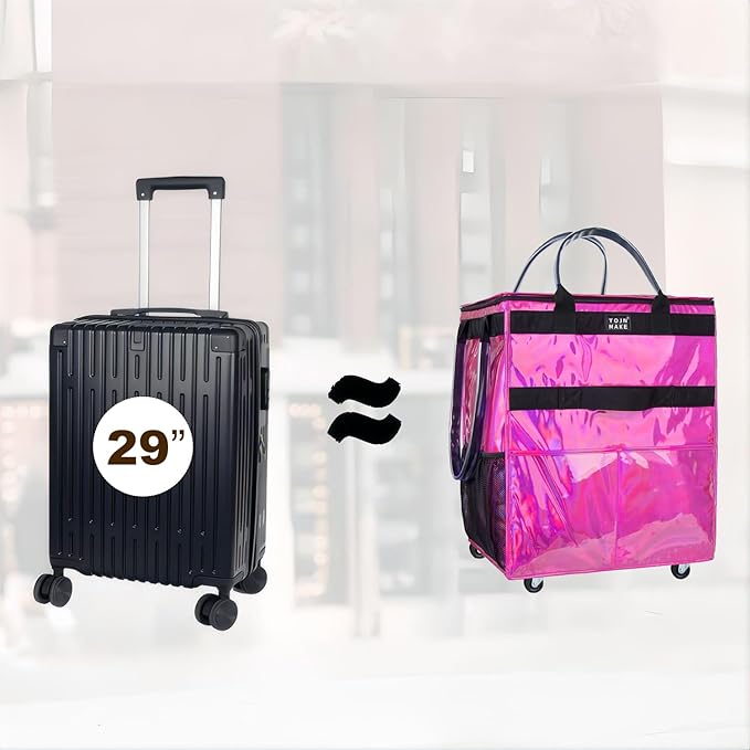 Reusable Grocery Bag with Wheels (Large, Glitter Pink), Shopping Trolley with 8 Pockets and Zipper Cover Foldable Rolling Tote for Women, Kitchen, Travel, Carries Up to 76LBS