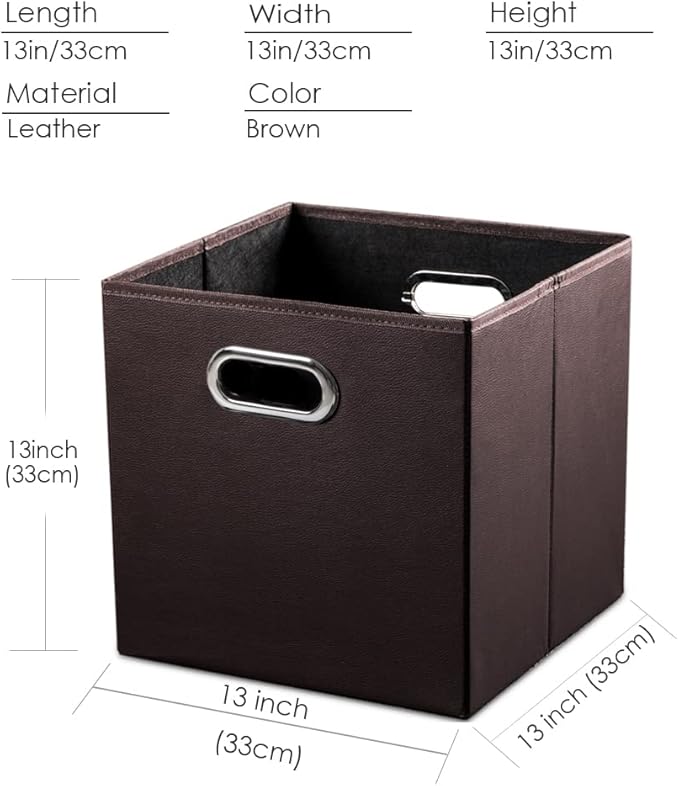 PRANDOM Leather Foldable Cube Storage Bins 13x13 inch [4-Pack] Fabric Storage Baskets Cubes Drawer with Cotton Handles Organi