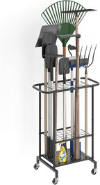 Garden Tool Organizer with Wheels, Heavy Duty Metal Garage Tool Storage Rack, Yard Tool Holder for Long-Handled Tools, Rakes 