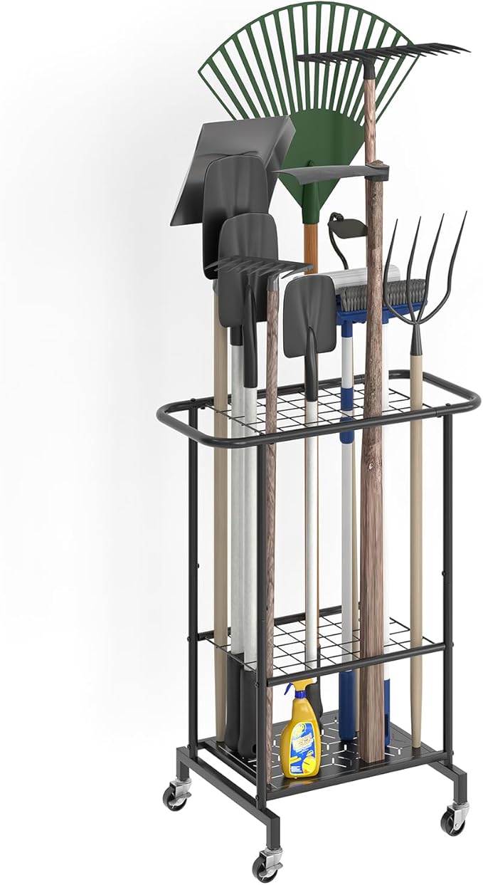 Garden Tool Organizer with Wheels, Heavy Duty Metal Garage Tool Storage Rack, Yard Tool Holder for Long-Handled Tools, Rakes 