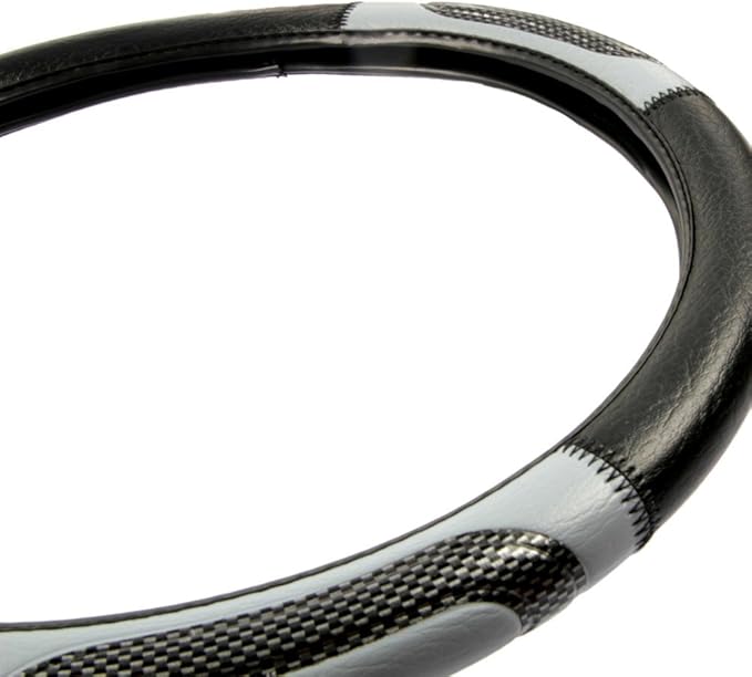 BDK Sporty Two Tone Ergonomic Grip Steering Wheel Cover - Carbon Fiber Grip for Standard Size Wheels 14.5-15 inch Gray/Black