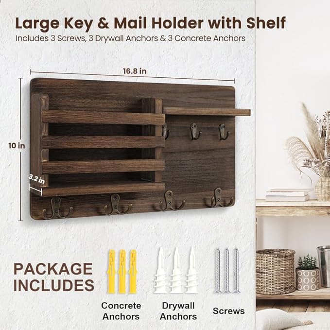 Nekon Mail Holder for Wall Mail Organizer with Key Hooks Hallway Farmhouse Decor Storage Racks with Floating Shelf and Flush 