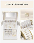 Vlando Jewelry Box Organizer for Girls Women, Large Jewelry Holder Organizer with Mirror, 3 Drawers for Bracelets, Earrings, 