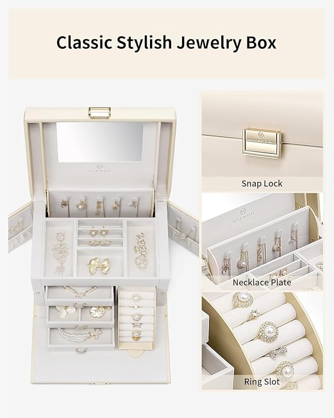 Vlando Jewelry Box Organizer for Girls Women, Large Jewelry Holder Organizer with Mirror, 3 Drawers for Bracelets, Earrings, 