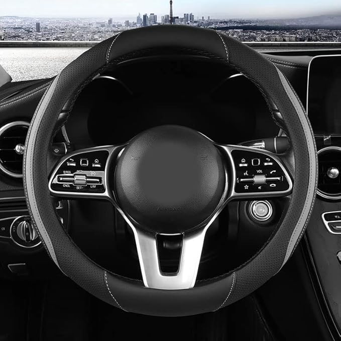 Car Steering Wheel Cover, Leather Steering Wheel Cover Grey Universal 14.5-15 Inch Microfiber Leather Anti-Slip Breathable Au
