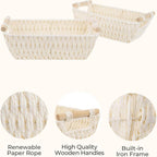 StorageWorks Round Paper Rope Woven Basket with Wooden Handles for Gifts, Small Wicker Baskets for Shelf, Beige, 2-Pack