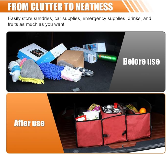 Car Trunk Organizer, Oxford Fabric Waterproof & Anti-Slip Vehicle Storage Box with Leak Proof & Insulated Cooler Bag, Large Cap