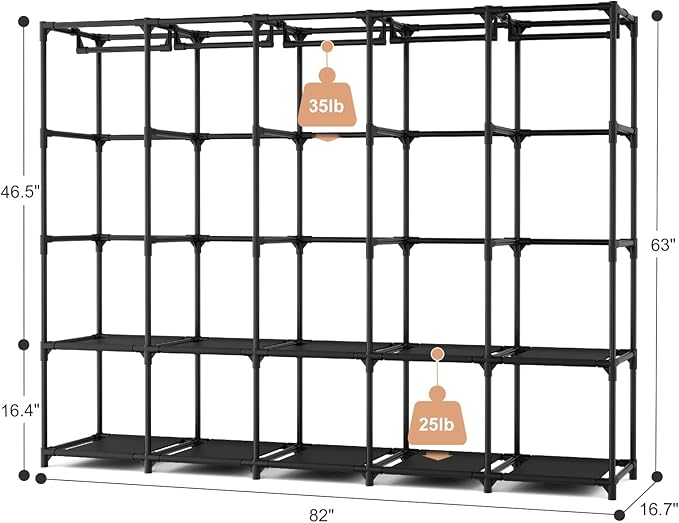 Portable Closet Storage, Portable Wardrobe Closet Organizer Clothes Rack wtih Cover, Hanging Rod, Storage Shelves and Side Po