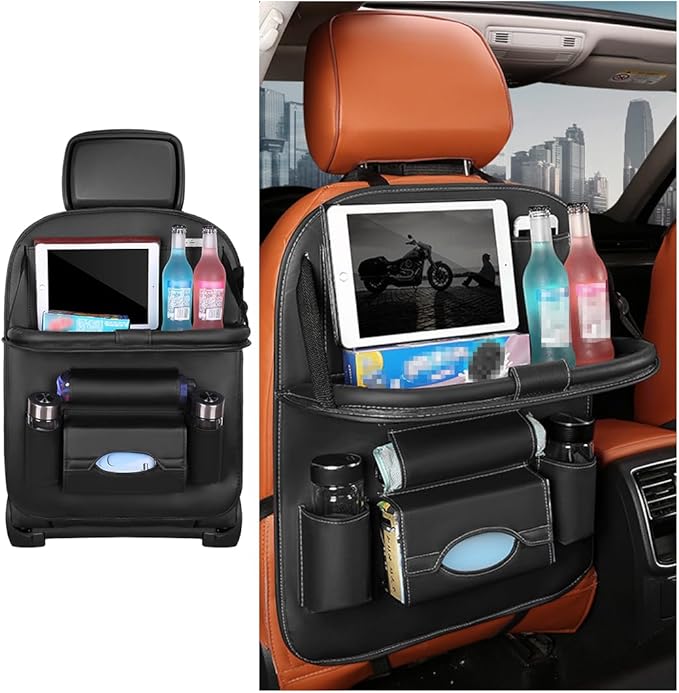 Car Seat Back Organizer, Leather Vehicle Seatback Storage Pocket with Foldable Table Tray, Multifunctional Automotive Backsea
