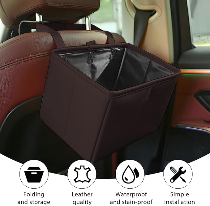 Car Trash Can, Leather Foldable Large Capacity Vehicle Hanging Garbage Bin Organizer, Waterproof Auto Interior Storage Bag Container Accessories, Universal for SUV Sedan Truck (Brown)