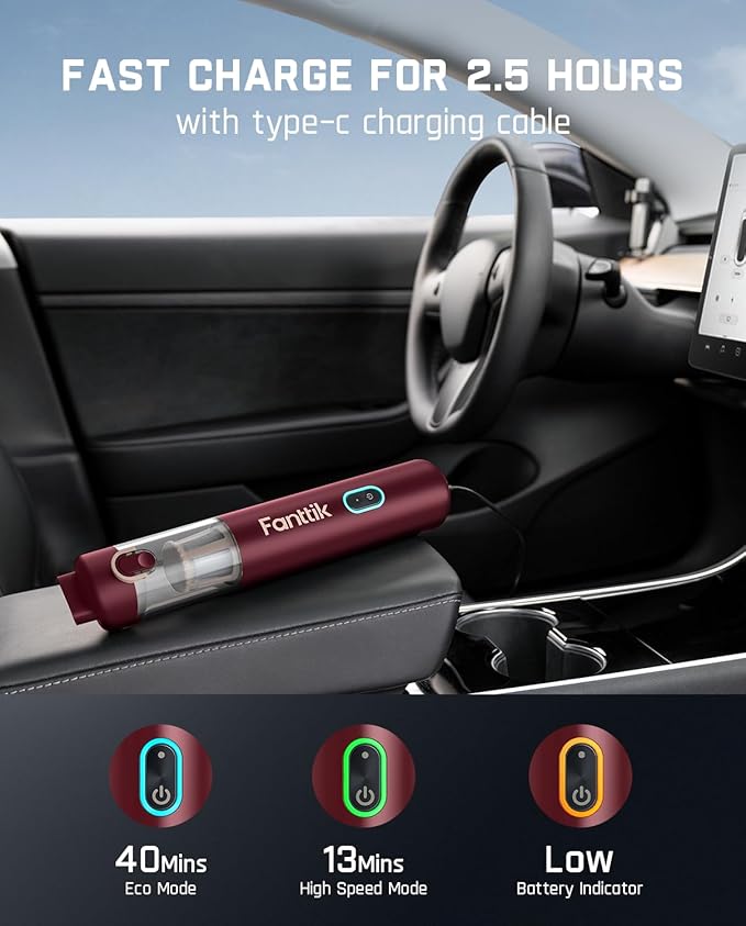 Fanttik Slim V8 APEX Car Vacuum, 4-in-1 Portable Mini Cordless Vacuum with 19000pa Suction Power, Type-C Charge, 2 Suction Mo