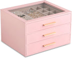 Frebeauty Clear Lid Jewelry Box,3-Layer Jewelry Organizer with Drawer,PU Leather Jewelry Organizers and Storage,Jewelry Boxes