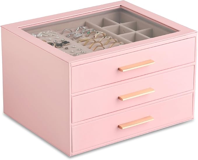 Frebeauty Clear Lid Jewelry Box,3-Layer Jewelry Organizer with Drawer,PU Leather Jewelry Organizers and Storage,Jewelry Boxes