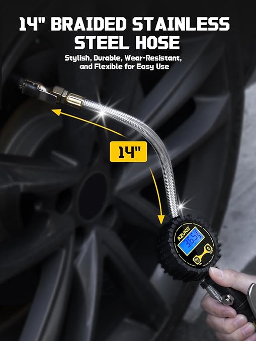 AZUNO Digital Tire Inflator with Pressure Gauge, 200 PSI (0.1 Res) w/LED Flashlight, Heavy Duty Air Compressor Accessories 7pcs Set, w/Lock on Air Dual Head Chuck and 90° Tire Valve