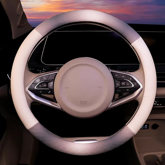 Steering Wheel Cover, Gray White Leather Steering Wheel Cover 14.5-15 Inch Non-Slip Breathable Microfiber Car Steering Wheel 